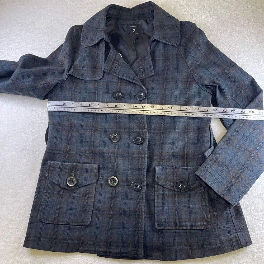 Large Forever 21 Peacoat Navy Tartan Plaid Pea Coat Double Breasted - Picture 5 of 10